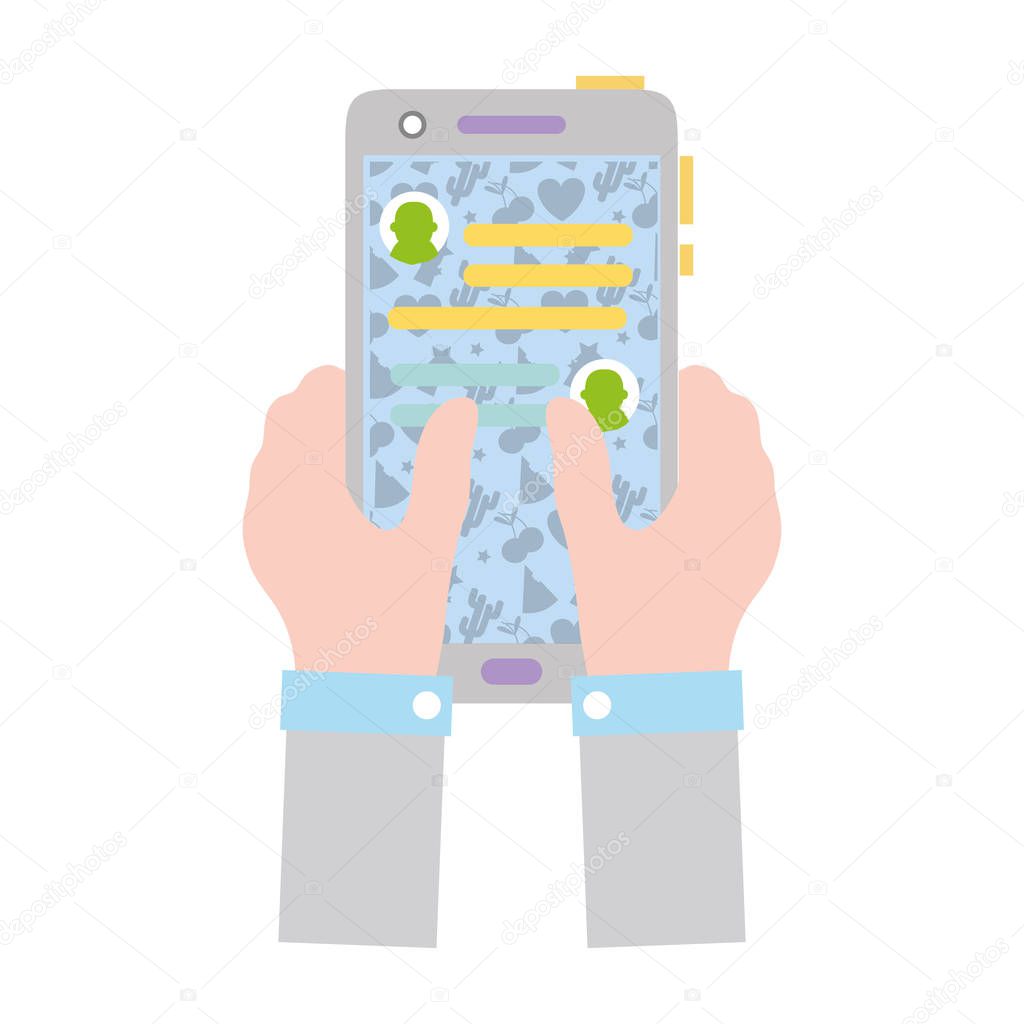colorful hands with smartphone and whatsapp chat message vector illustration