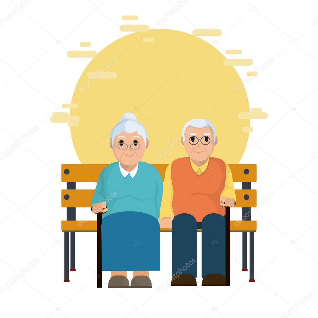 Cute grandparents seated on wooden chair vector illustration graphic design