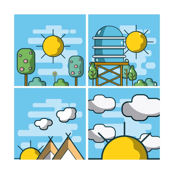 Conjunto Desenhos Animados Paisagem Coleção Cartões Vetor Ilustração Design Gráfico — Vetor de Stock