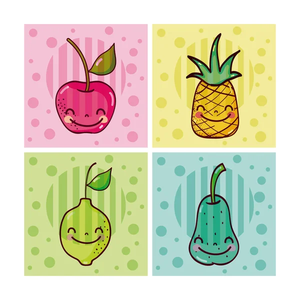 Conjunto Frutas Bonitos Desenhos Animados Ícones Quadrados Vetor Ilustração Design —  Vetores de Stock