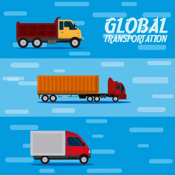 Globaler Transport Unterscheidet Fahrzeuge Über Blauen Hintergrund Vektor Illustration Grafik — Stockvektor