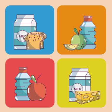 Üzerinde renkli gıda koleksiyon kümesini simgeler vektör çizim grafik tasarım kareler