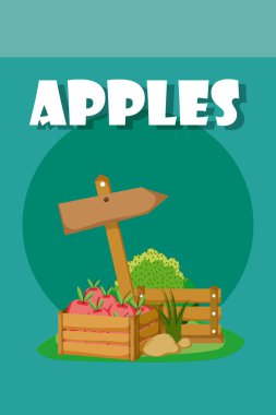 Ahşap kutu çiftlik taze meyve vektör çizim grafik tasarım içinde elma