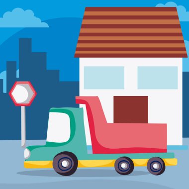 Kargo kamyonu mahalle vektör çizim grafik tasarımı