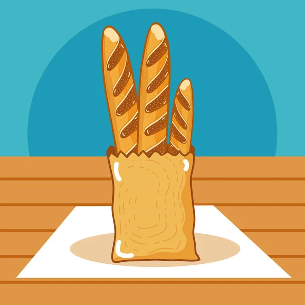 木製のテーブルの上にバッグの中おいしいパン ベクトル イラスト グラフィック デザイン — ストックベクタ