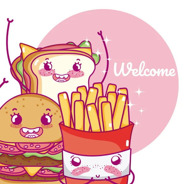 Bonito Fast Food Combo Kawaii Desenho Animado Vetor Ilustração Design — Vetor de Stock