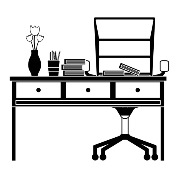 本と椅子のベクトル図の輪郭オフィス木製デスク — ストックベクタ