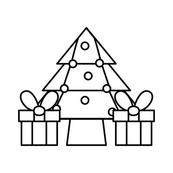 Ligne Joyeux Sapin Noël Avec Cadeaux Cadeaux Illustration Vectorielle — Image vectorielle