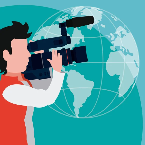 Cameraman Notícias Redor Mundo Desenho Animado Ilustração Vetorial Design Gráfico — Vetor de Stock