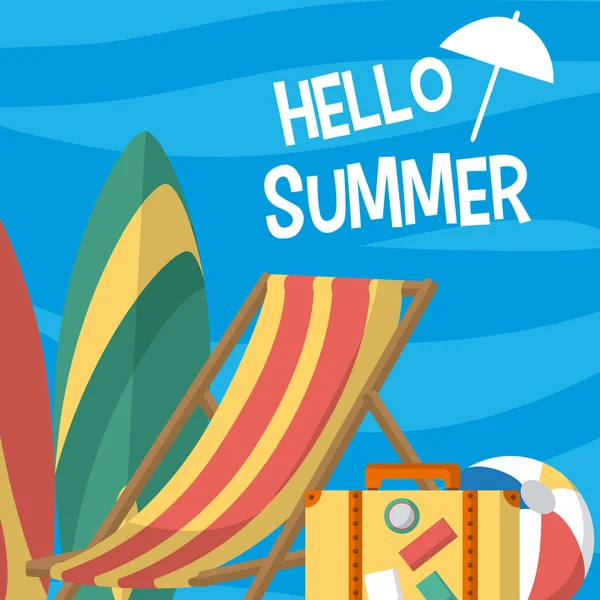 Hello Sumer Card Sunchair Sur Stables Cartoon Cartoon Vector Illustration — стоковый вектор