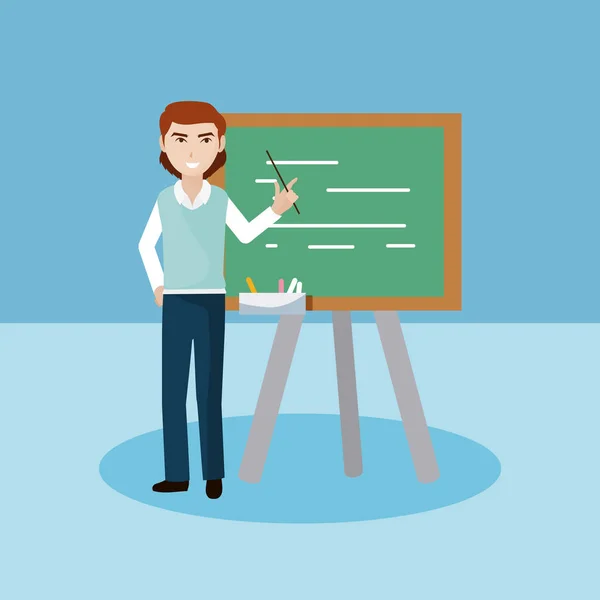 Junger Lehrer Mit Tafel Über Blauem Hintergrund Vektor Illustration Grafik — Stockvektor