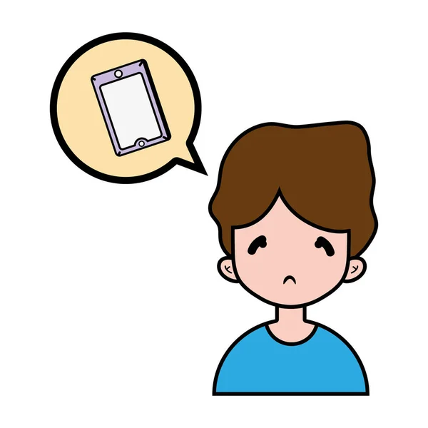 Jongen Met Smartphone Technologie Binnenin Chat Zeepbel Vectorillustratie — Stockvector