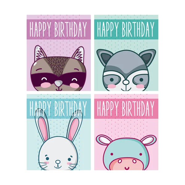 Conjunto Tarjetas Cumpleaños Con Animales Dibujos Animados Vector Ilustración Diseño — Vector de stock