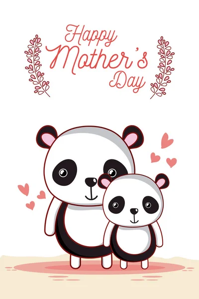 Mãe Feliz Cartão Dia Com Bonito Panda Ursos Desenhos Animados —  Vetores de Stock