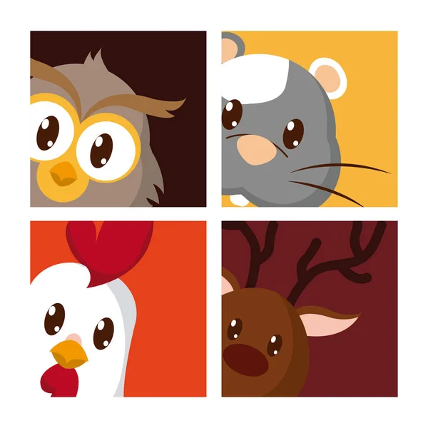 Set Von Niedlichen Tieren Cartoon Auf Quadratischen Rahmen Vektor Illustration — Stockvektor