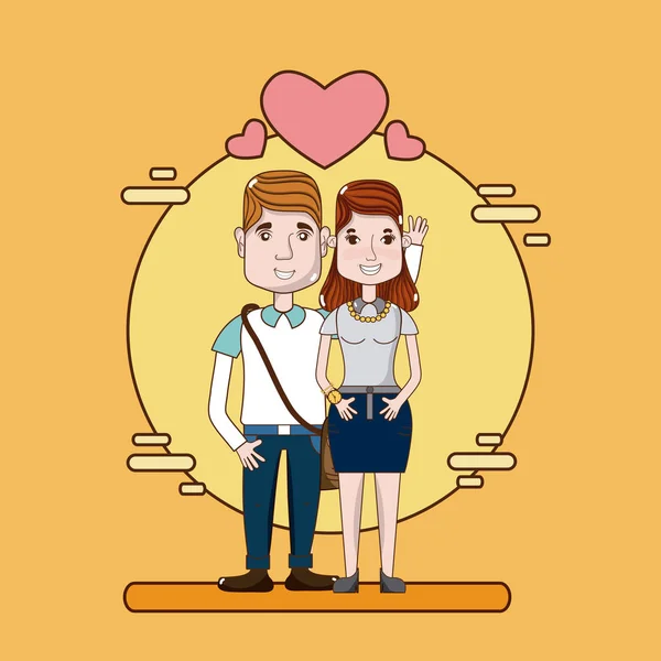 Bonito Engraçado Casal Desenhos Animados Amor Sobre Tijolos Amarelos Fundo — Vetor de Stock