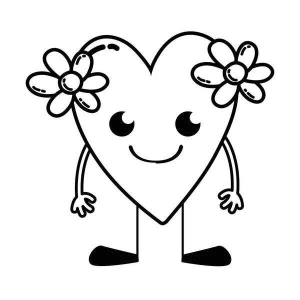 Línea Sonrisa Corazón Con Flores Kawaii Con Brazos Piernas Vector — Vector de stock