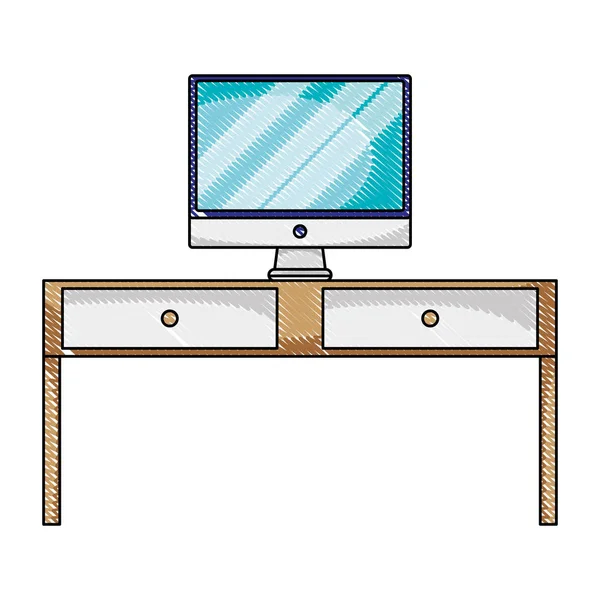 Bureau Bois Râpé Avec Tiroirs Illustration Vectorielle Écran Ordinateur — Image vectorielle