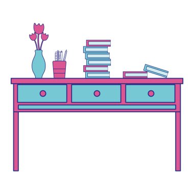 tam renkli ahşap masa çekmece nesneleri ve kitap vektör çizim ile