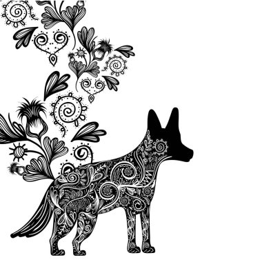 köpek hayvan süs ve rustik çiçekler vektör çizim ile kontur