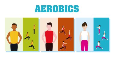 Fitness insanlar ve aerobik çizgi film illüstrasyon grafik tasarım vektör