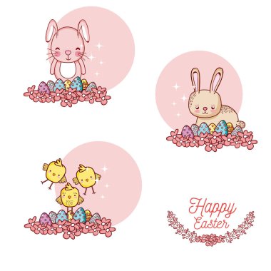 Mutlu paskalya kartı ile tavşan ve chickenanimal çizgi film