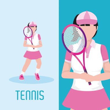 Tenis raket ve top mavi ve beyaz arka plan vektör çizim grafik tasarım ile oyuncu karikatür