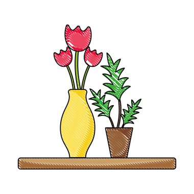 çiçekler içinde kavanoz ve bitkiler ile rendelenmiş ahşap raf illüstrasyon vektör