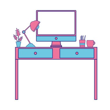 tam renkli Ofis Masası lambası ve bilgisayar ekran vektör çizim ile