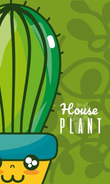 Şirin houseplant kawaii karikatür yeşil renkli vektör çizim grafik tasarım üzerine