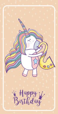 Mutlu Doğum günü kartı ile şirin tek boynuzlu atlara fantazi karikatürler vektör illüstrasyon grafik tasarım