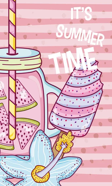 かわいい漫画を夏季時間ジュース カード ベクトル イラスト グラフィック デザイン — ストックベクタ