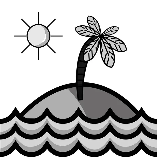 Graustufen Insel Mit Palme Mit Sonne Und Wellen Ozean Vektorillustration — Stockvektor