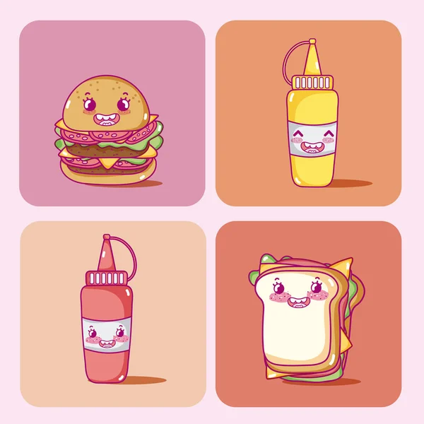 Lindos Dibujos Animados Comida Rápida Cuadrados Coloridos Vector Ilustración Diseño — Vector de stock