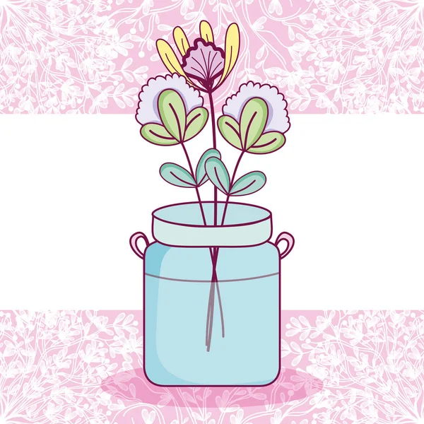 Mason Jar Bloemen Pot Kleurrijke Kaart Paarse Achtergrond Vector Illustratie — Stockvector