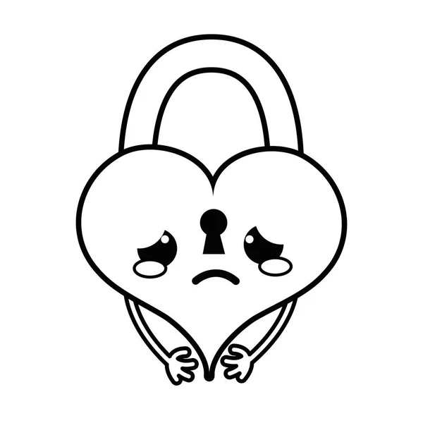 Line Crying Heart Padlock Kawaii Personage Vector Illustration — Stock Vector