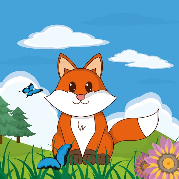 Słodkie Zwierzęta Fox Projektowania Graficznego Wektor Ilustracja Krajobraz Bajki — Wektor stockowy