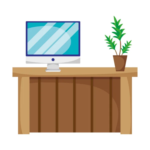 Деревянный Стол Экраном Компьютера Векторной Иллюстрацией Растений — стоковый вектор