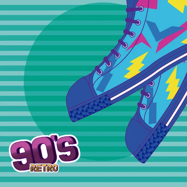 90S Retro Cartoons Met Vintage Schoenen Gestreepte Achtergrond Vector Illustratie — Stockvector