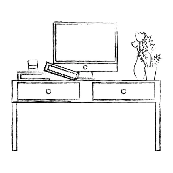 Figuur Houten Bureau Object Met Lades Computer Vectorillustratie — Stockvector