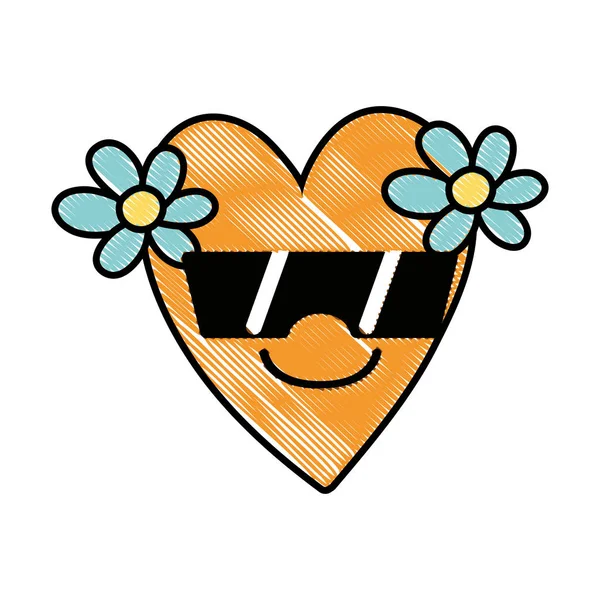 Cuore Sorriso Grattugiato Con Fiori Kawaii Con Occhiali Sole Vettoriale — Vettoriale Stock