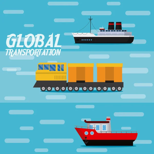 Globaler Transport Unterscheidet Fahrzeuge Über Blauen Hintergrund Vektor Illustration Grafik — Stockvektor