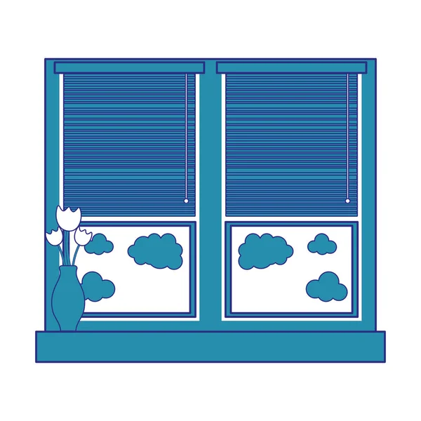 Vollfarbiges Fenster Mit Blindem Vorhang Und Fower Glas Vektor Illustration — Stockvektor