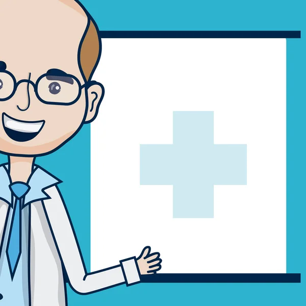 Doctor cartoon with blank frame over blue background vector illustration graphic design