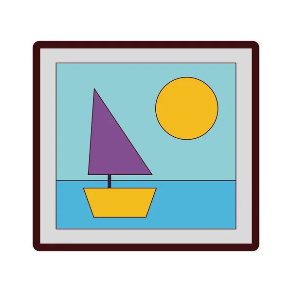 Image Cadre Couleur Ligne Avec Illustration Vectorielle Conception Bateau Soleil — Image vectorielle