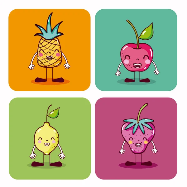 Set Cute Fruits Cartoons Square Icons Vector Illustration Graphic Design Stock Illustration