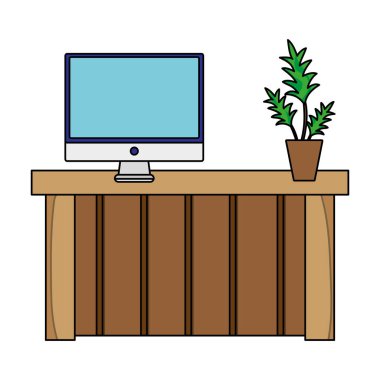 bilgisayar ekranı ve bitki vektör çizim ile renkli ahşap masa