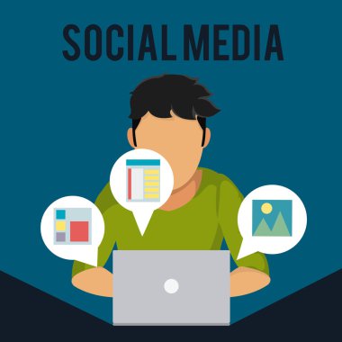 Sosyal medya vektör çizim grafik tasarım üzerinde gezinmek için dizüstü bilgisayar kullanan genç adam