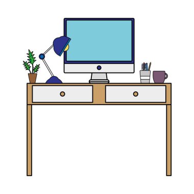 renkli Ofis Masası lambası ve bilgisayar ekran vektör çizim ile