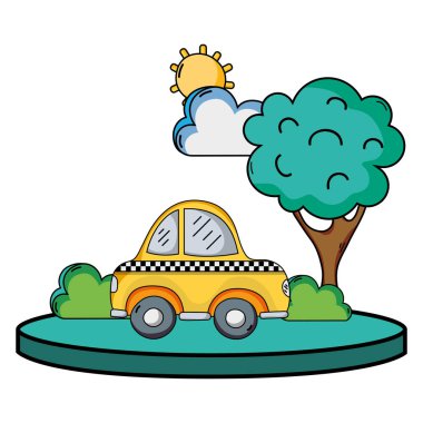 ağaç vektör çizim ile şehirde taksi araba servisi